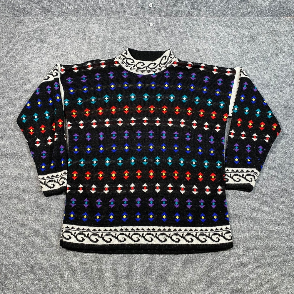 Vintage Great Times Mens Geometric Fair Isle Mock Neck Acrylic Sweater Black L